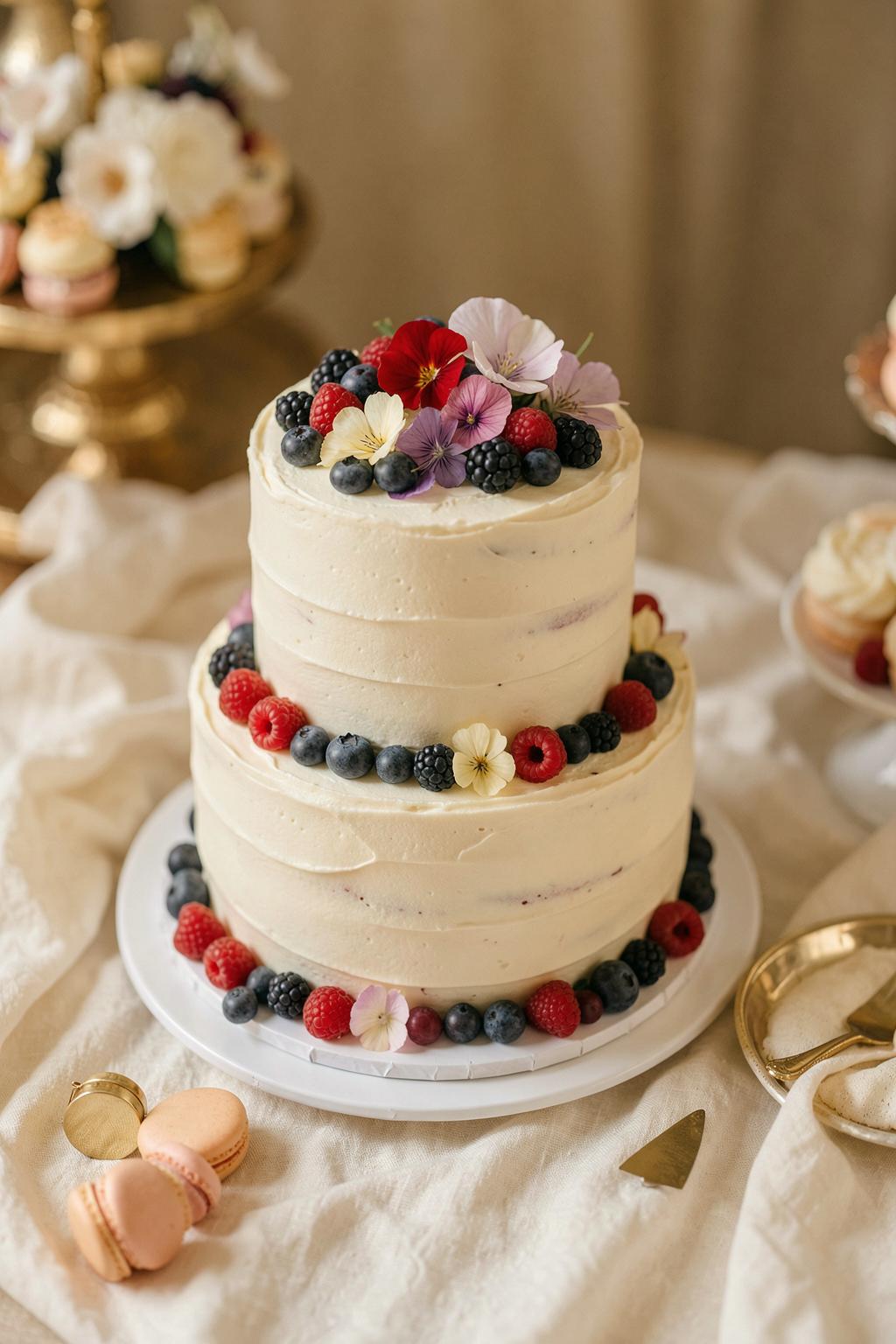 A custom two-tier celebration cake with fresh berries and edible flowers