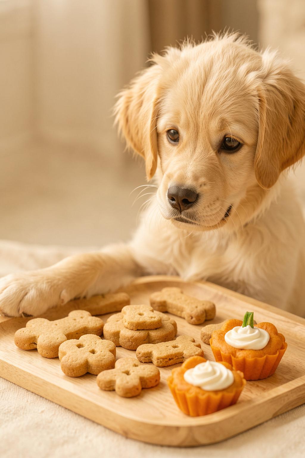 Bone-shaped peanut butter dog biscuits and pumpkin pupcakes on a wooden tray beside a happy puppy